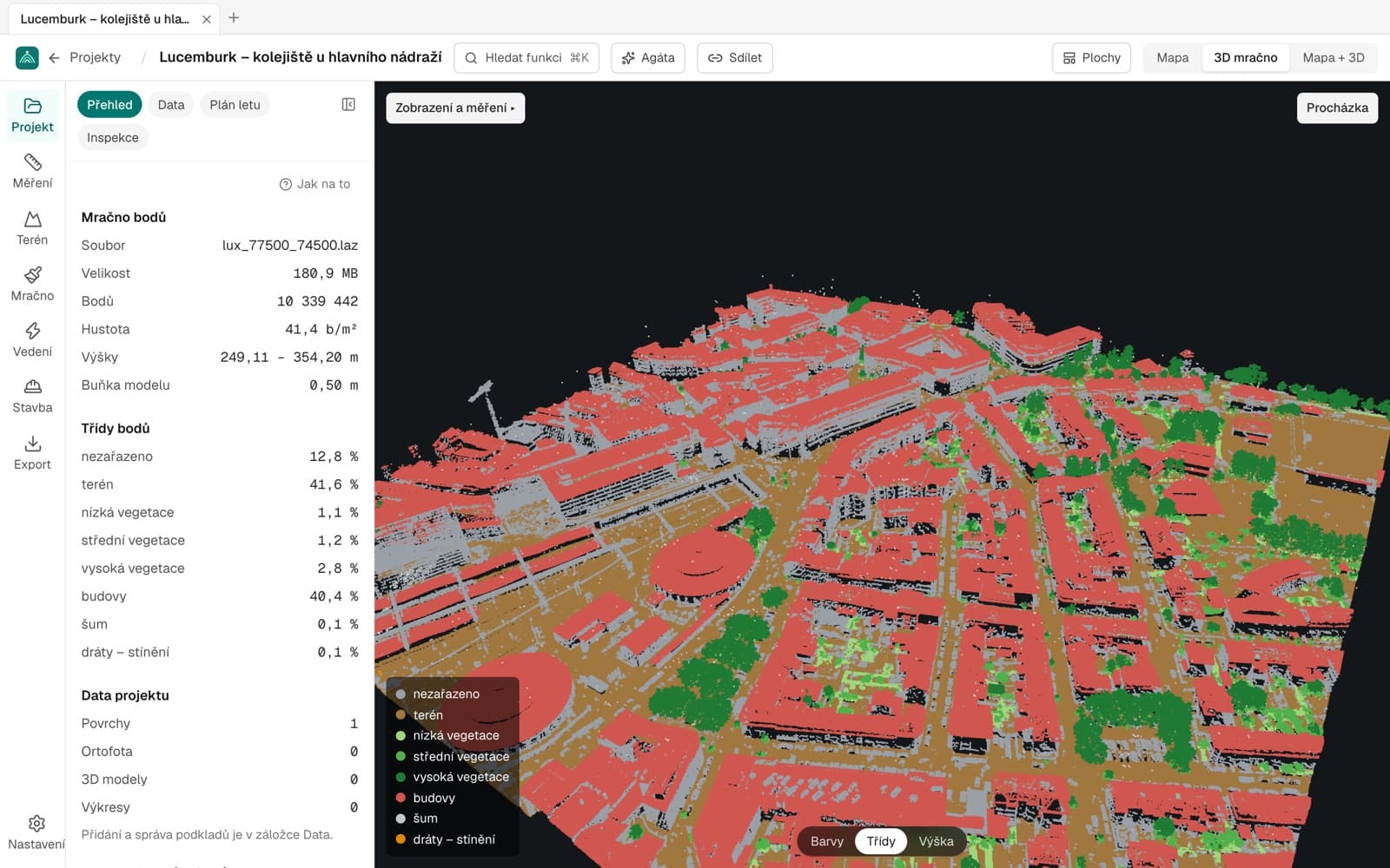 DronScan – mračno bodů roztříděné na terén, vegetaci a budovy
