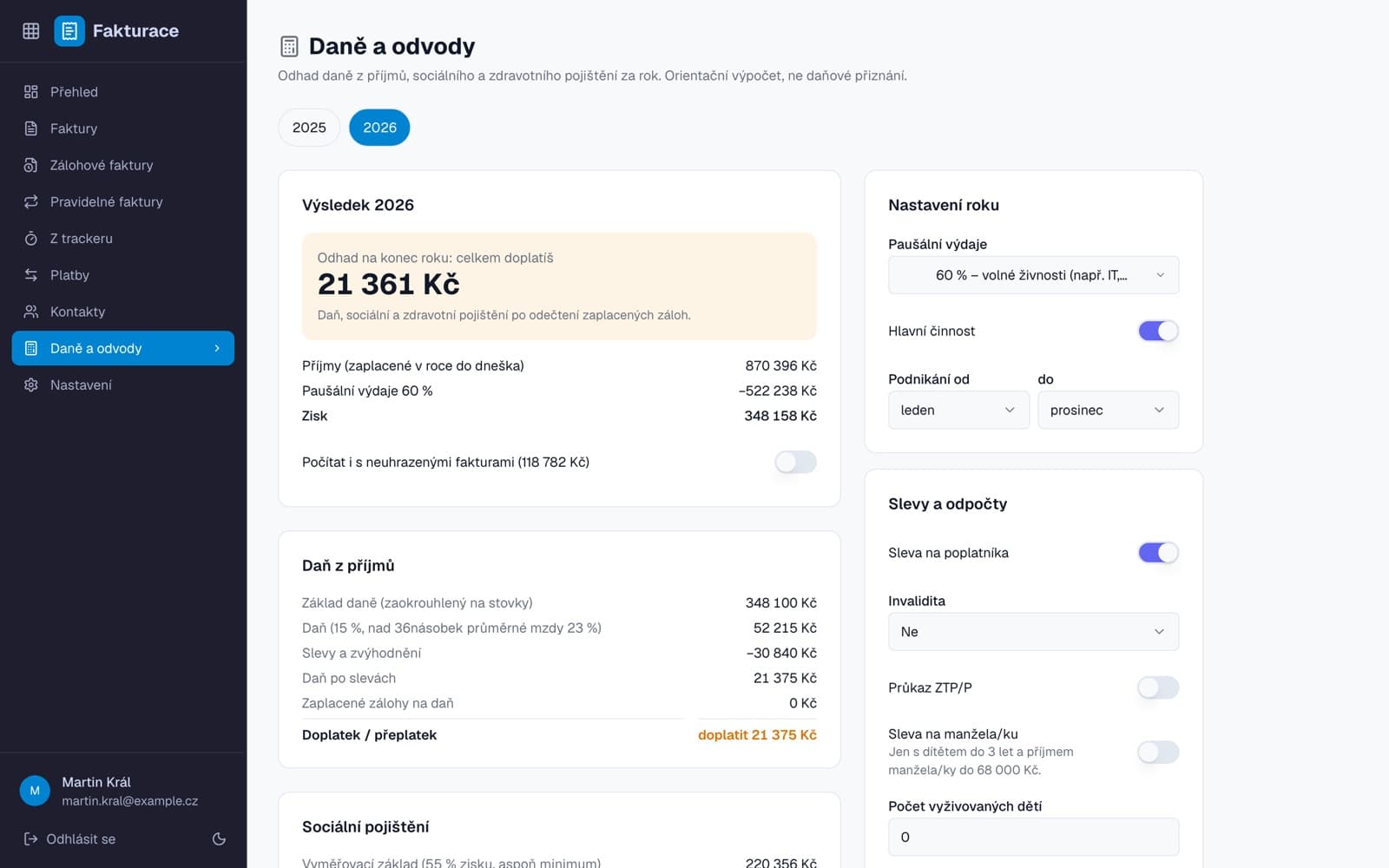 Daně a odvody za rok (ukázková data)