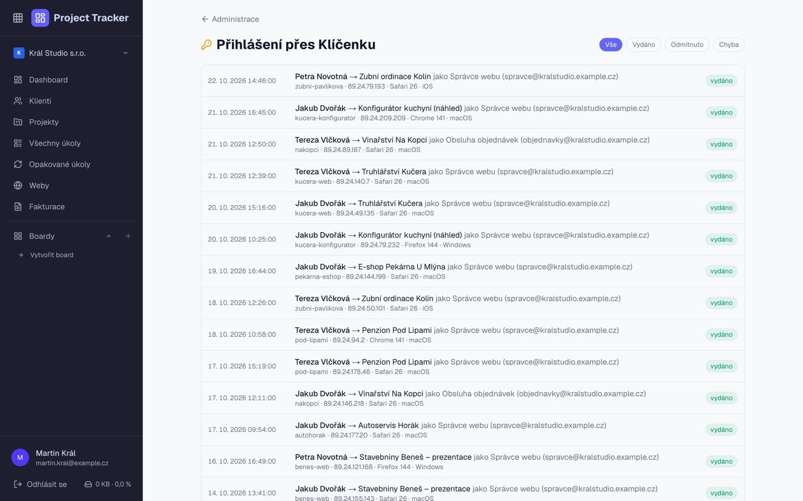 Záznam přihlášení (ukázková data)