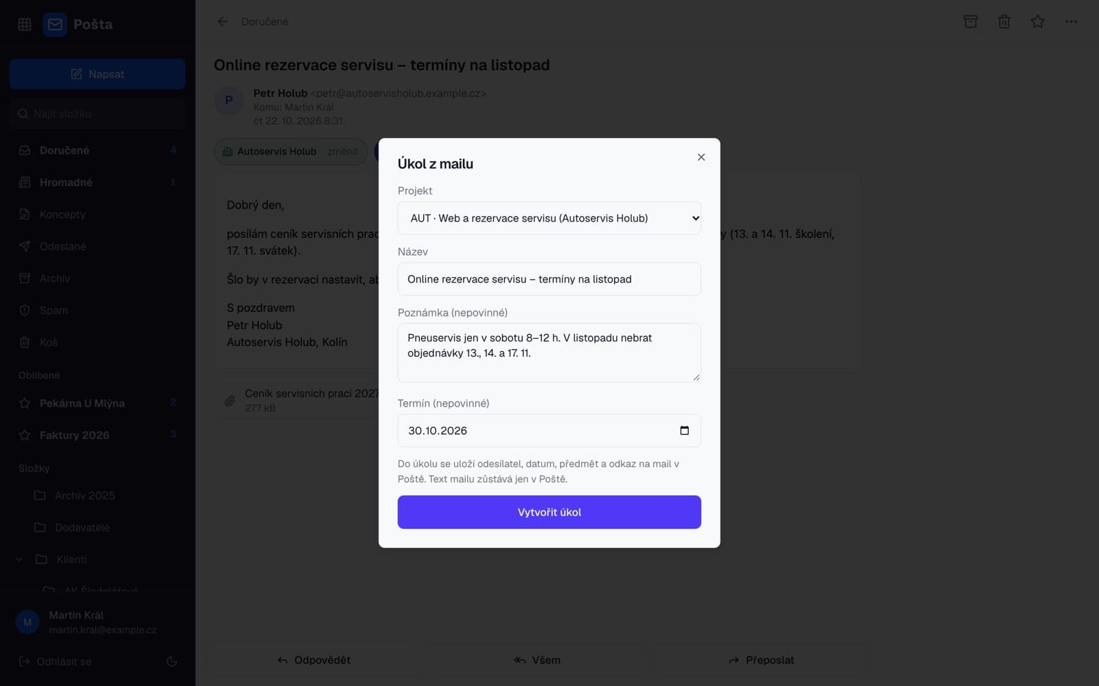 Dialog „Úkol z mailu“