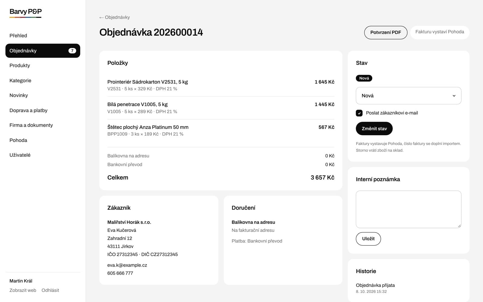 Administrace – detail firemní objednávky s doručením Balíkovnou
