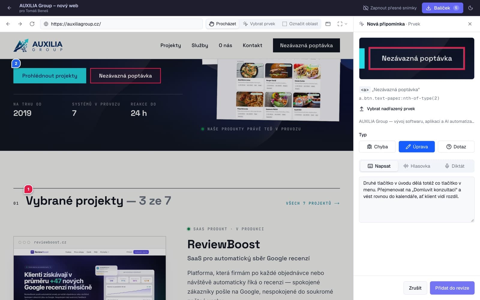 Vybrané tlačítko a rozepsaná připomínka
